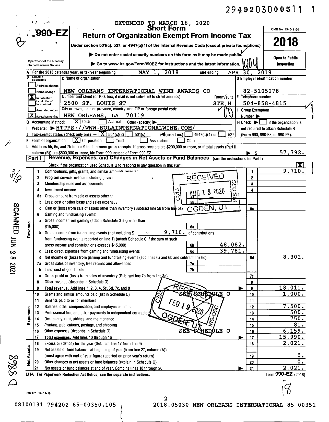 Image of first page of 2018 Form 990EO for New Orleans International Wine Awards Corporation