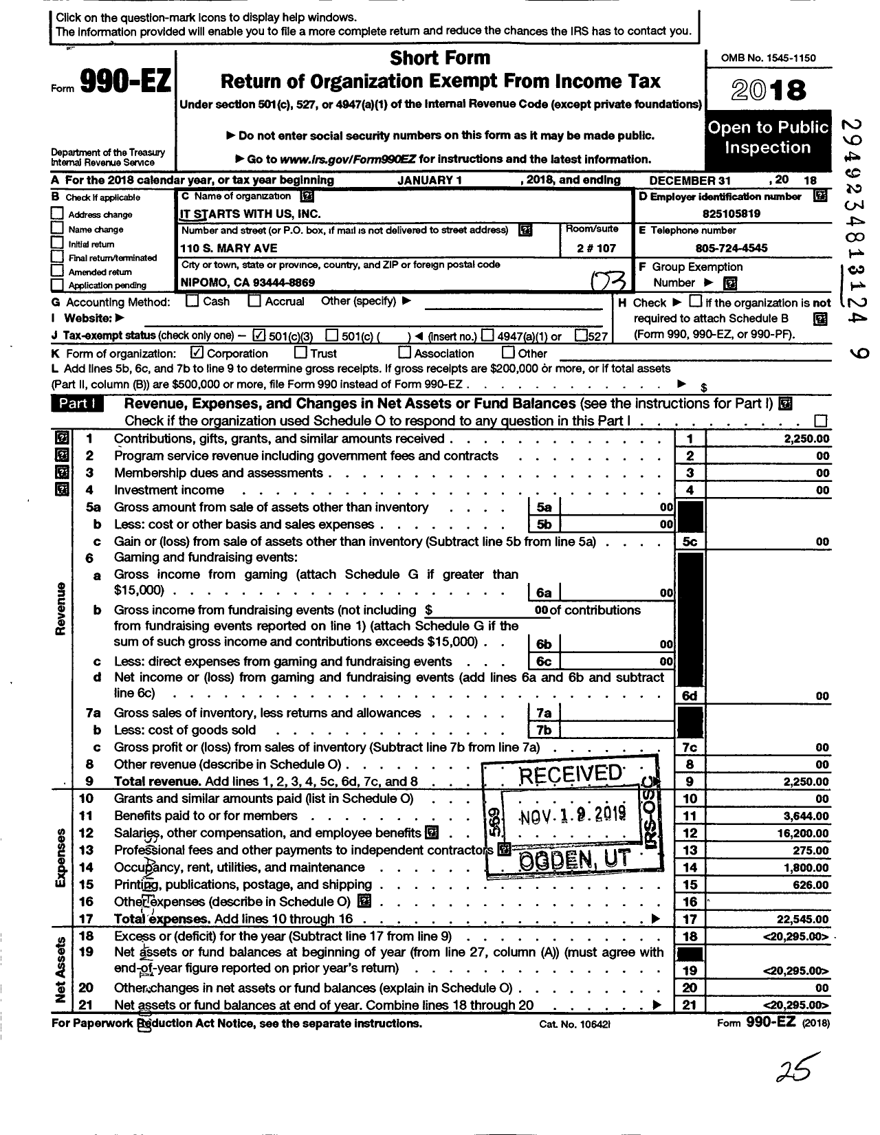 Image of first page of 2018 Form 990EZ for Pipers Fund Incorporated