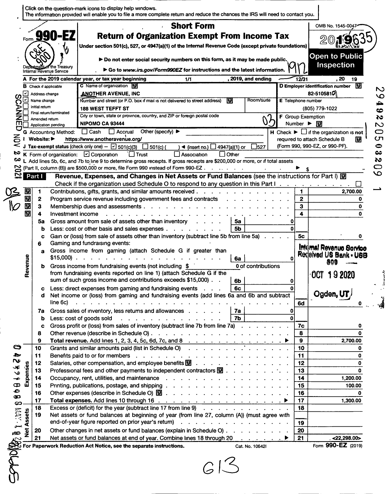 Image of first page of 2019 Form 990EZ for Pipers Fund Incorporated