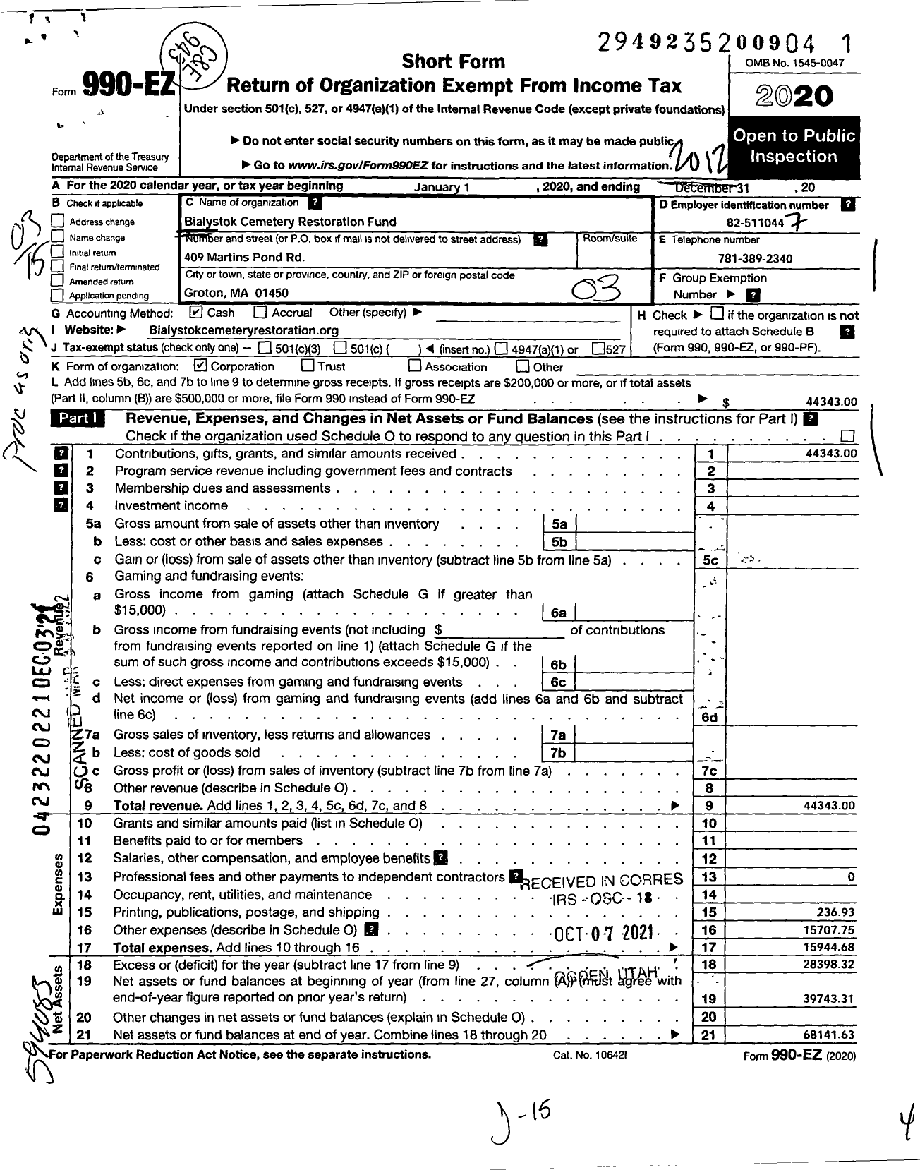 Image of first page of 2020 Form 990EZ for Bialystok Cemetery Restoration Fund