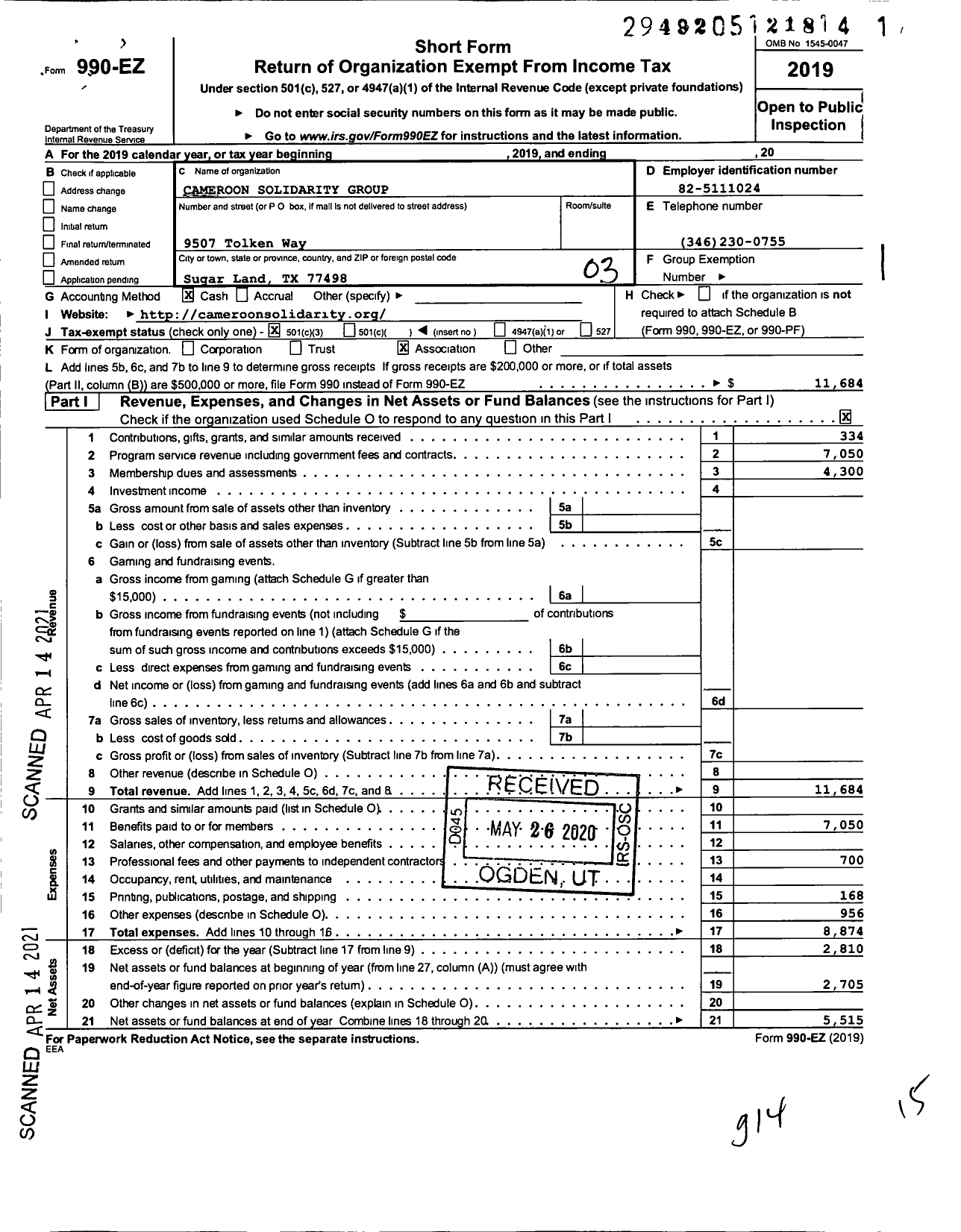 Image of first page of 2019 Form 990EZ for Cameroon Solidarity Group