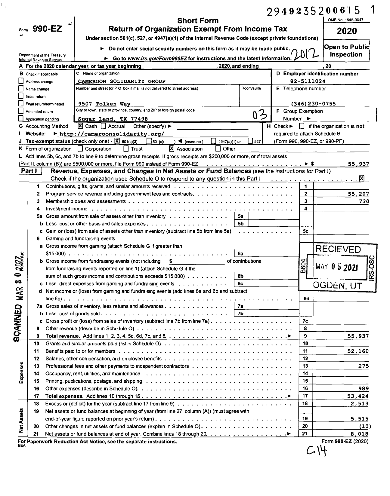 Image of first page of 2020 Form 990EZ for Cameroon Solidarity Group