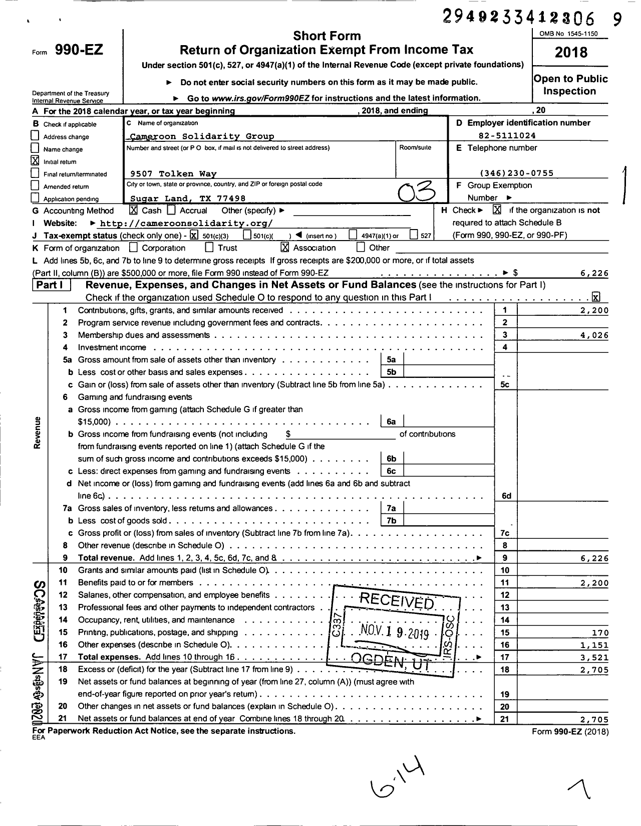 Image of first page of 2018 Form 990EZ for Cameroon Solidarity Group