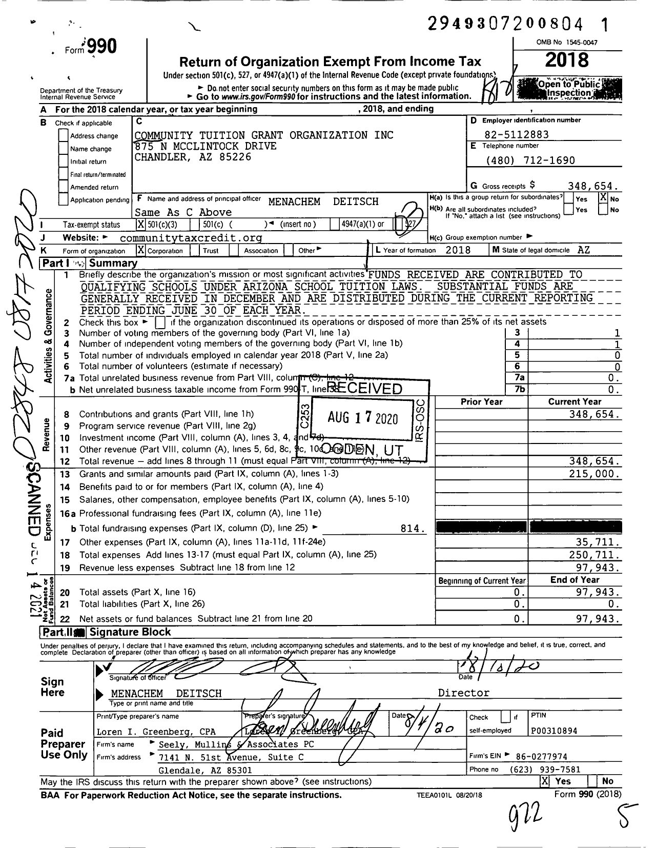 Image of first page of 2018 Form 990 for Community Tuition Grant Organization