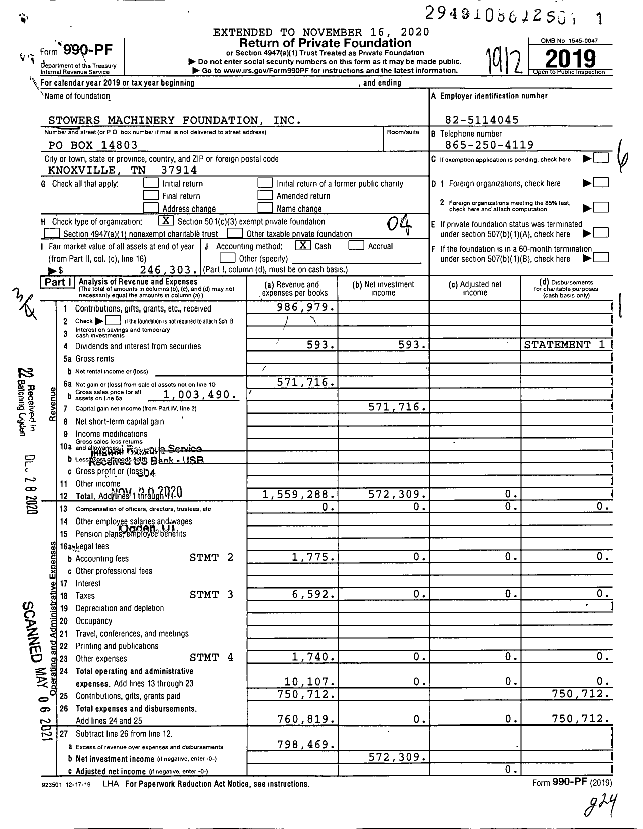 Image of first page of 2019 Form 990PF for Stowers Machinery Foundation