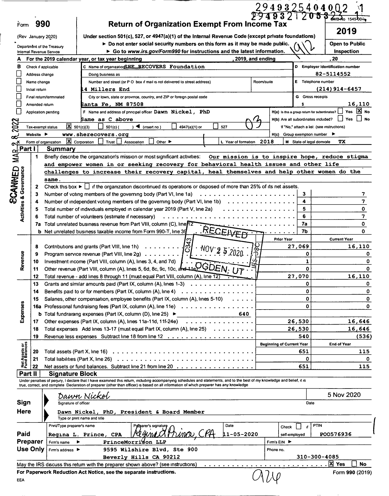 Image of first page of 2019 Form 990 for SHE RECOVERS Foundation