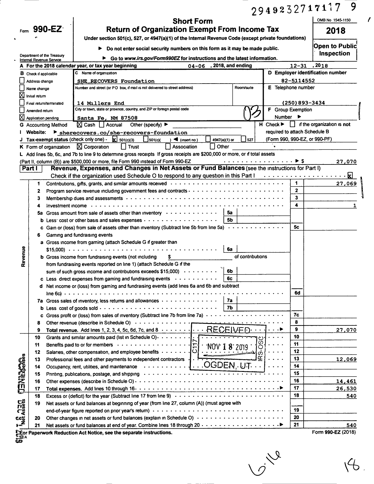 Image of first page of 2018 Form 990EZ for SHE RECOVERS Foundation