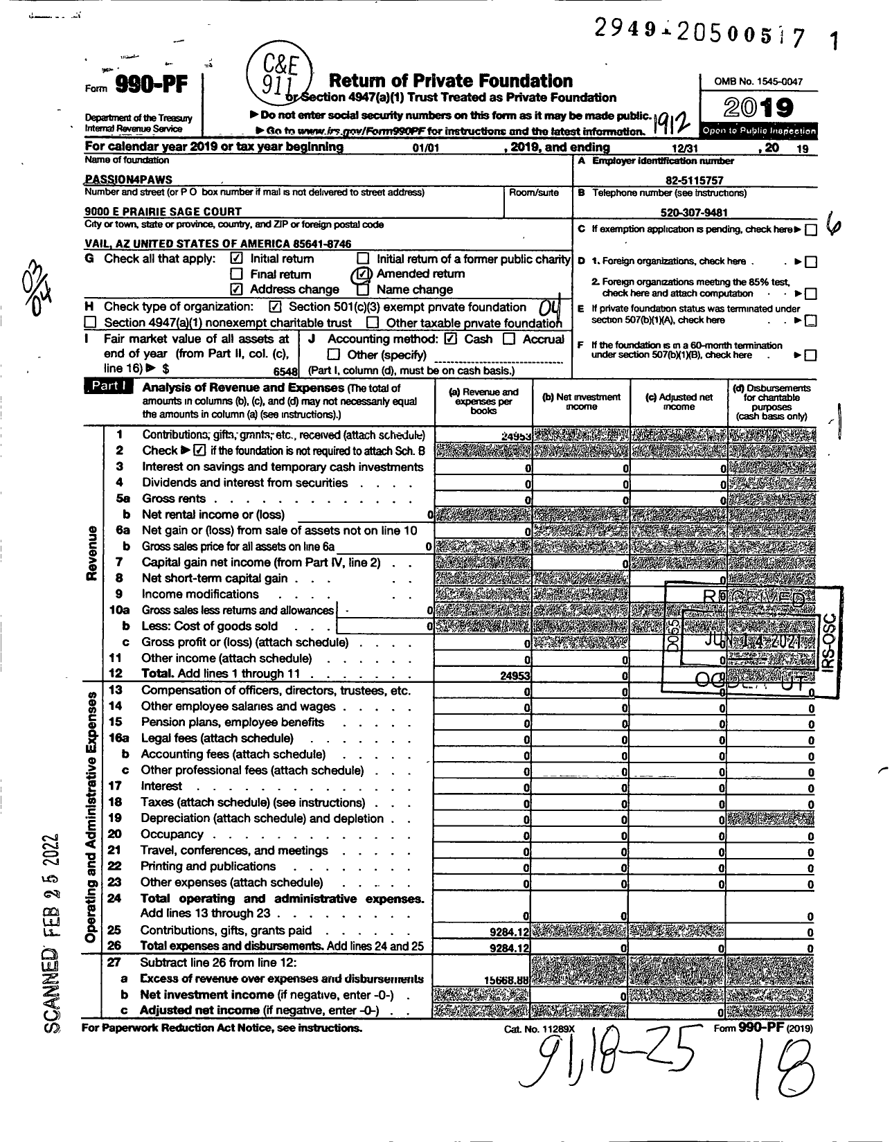 Image of first page of 2019 Form 990PF for Passion4paws