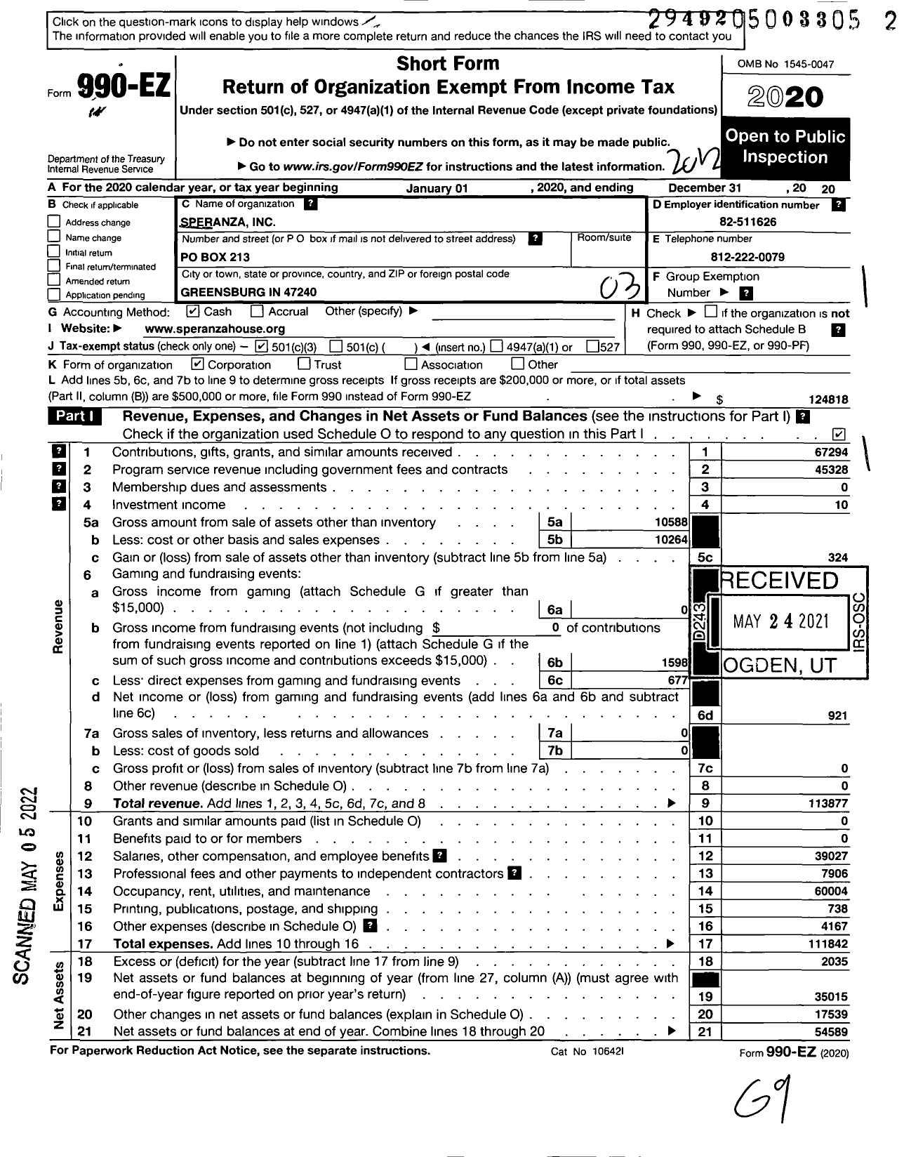 Image of first page of 2020 Form 990EZ for Speranza