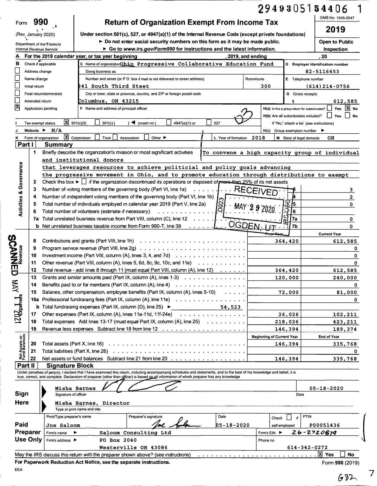 Image of first page of 2019 Form 990 for Ohio Progressive Collaborative Education Fund