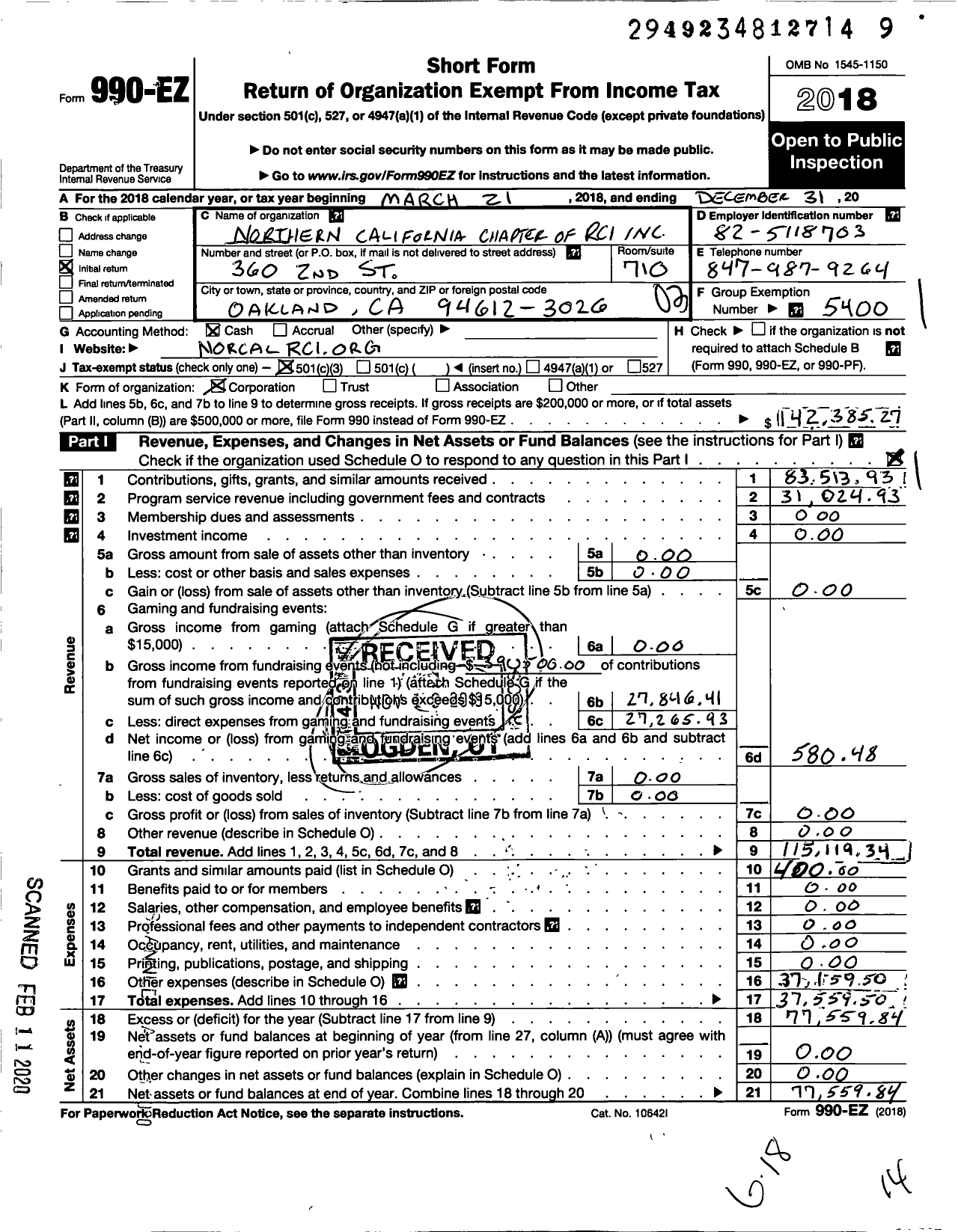 Image of first page of 2018 Form 990EZ for Northern California Chapter of IIBEC