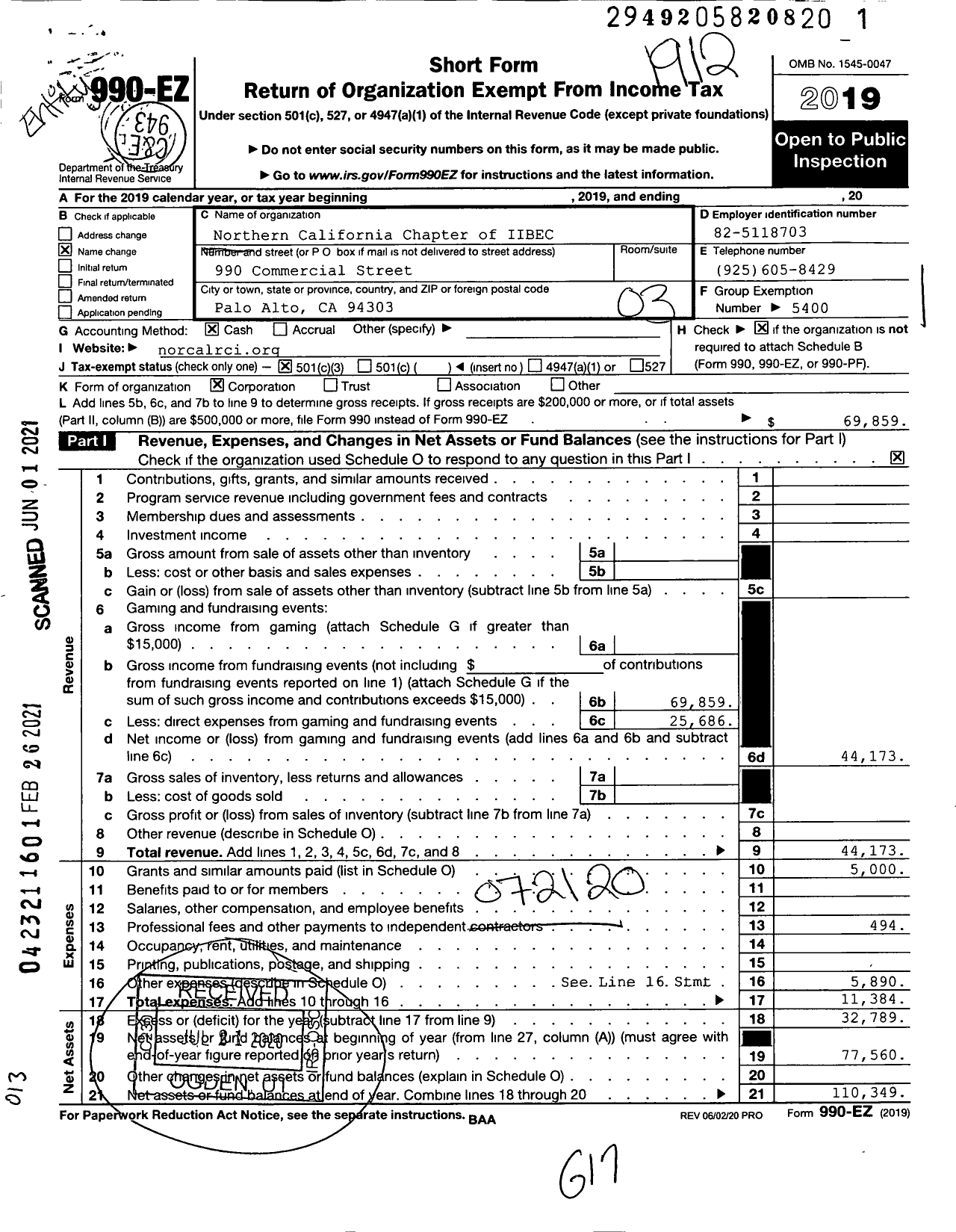 Image of first page of 2019 Form 990EZ for Northern California Chapter of IIBEC