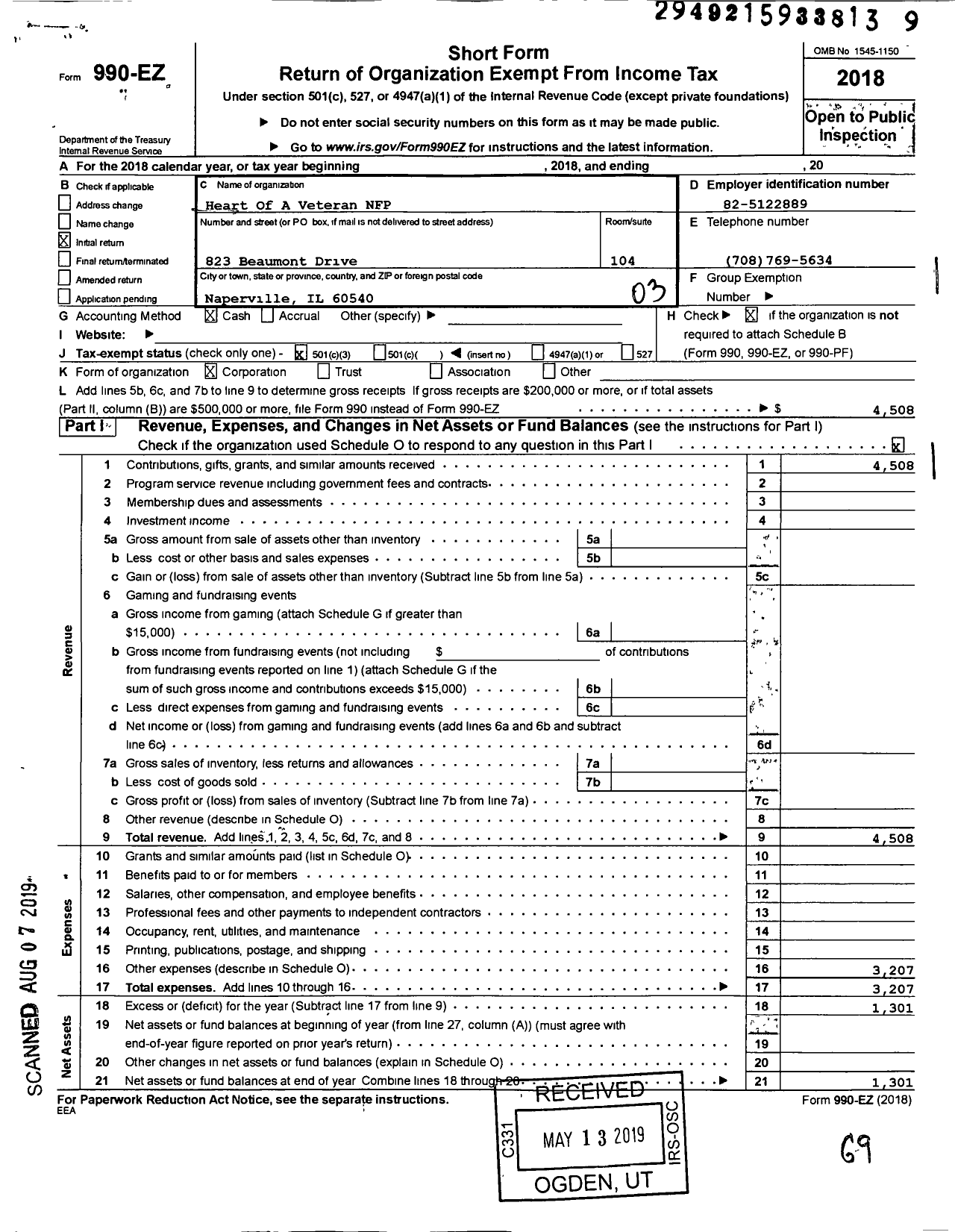 Image of first page of 2018 Form 990EZ for Heart of A Veteran NFP