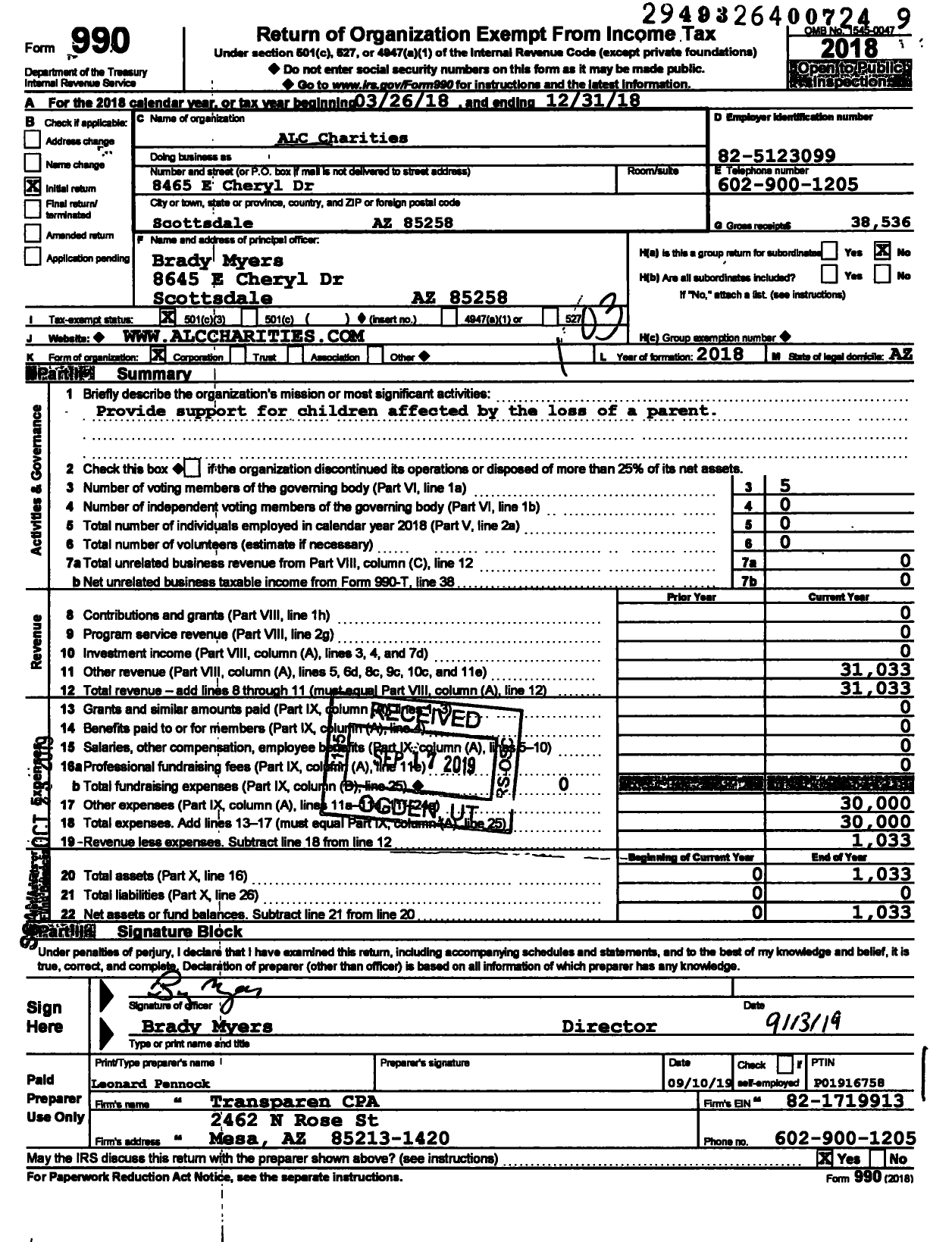 Image of first page of 2018 Form 990 for Alc Charities
