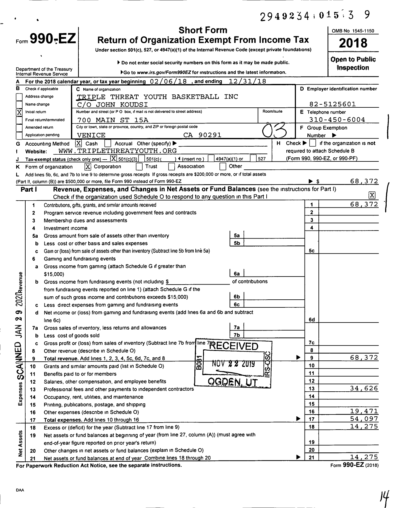 Image of first page of 2018 Form 990EZ for Triple Threat Youth Basketball