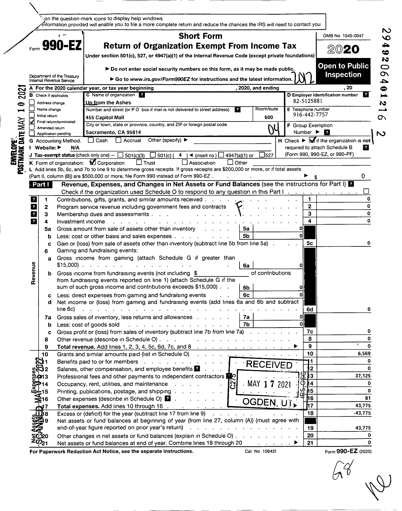 Image of first page of 2020 Form 990EO for Up from the Ashes