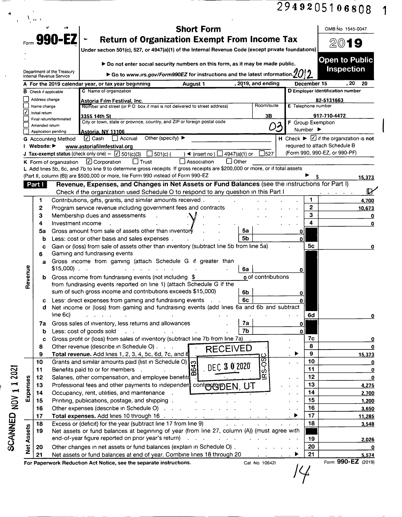 Image of first page of 2020 Form 990EZ for Astoria Film Festival