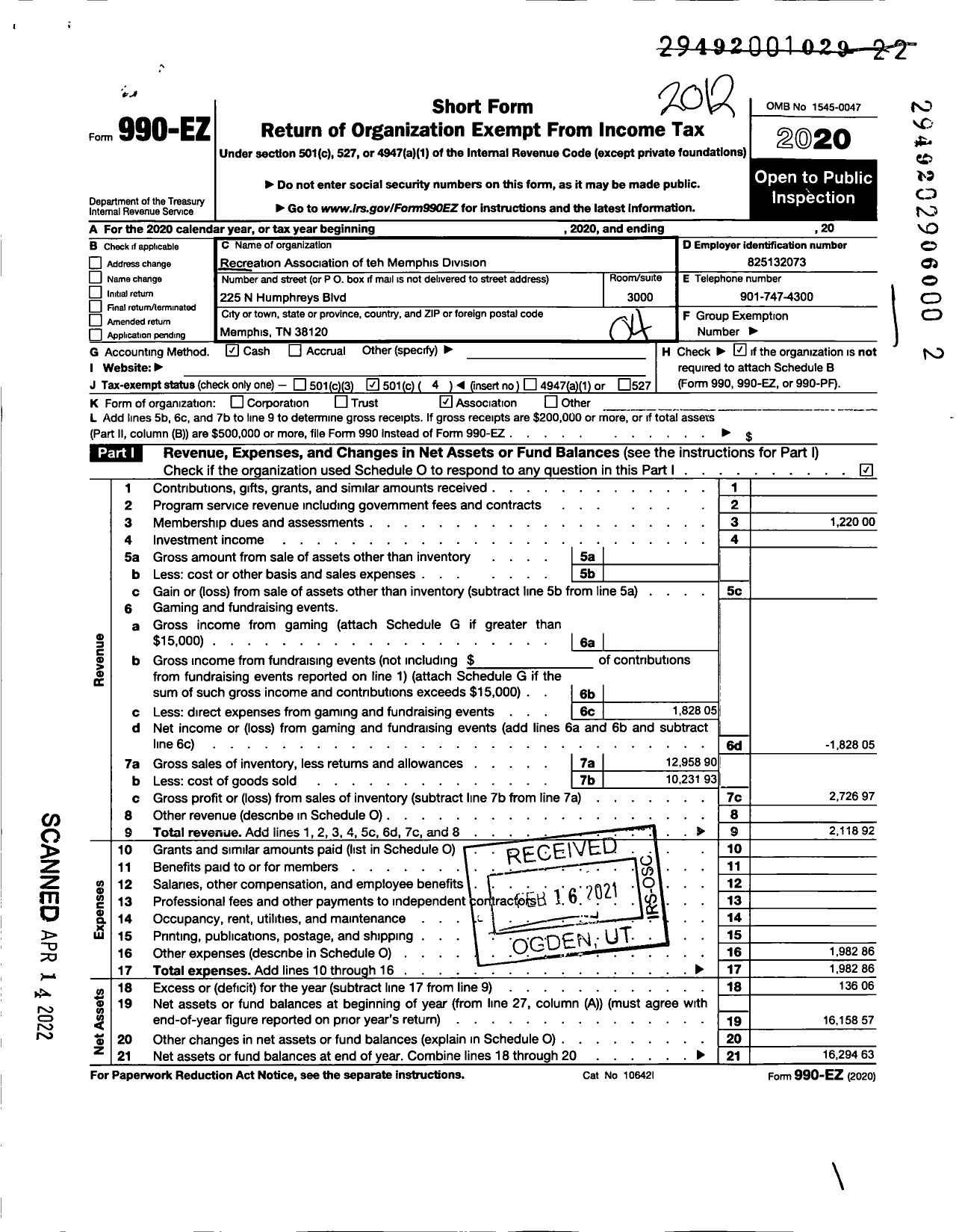 Image of first page of 2020 Form 990EO for Recreation Association of the Memphis Division