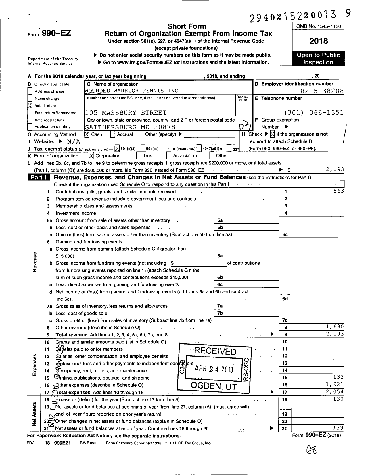 Image of first page of 2018 Form 990EZ for Wounded Warrior Tennis