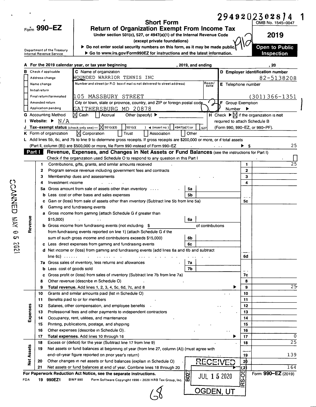 Image of first page of 2019 Form 990EZ for Wounded Warrior Tennis