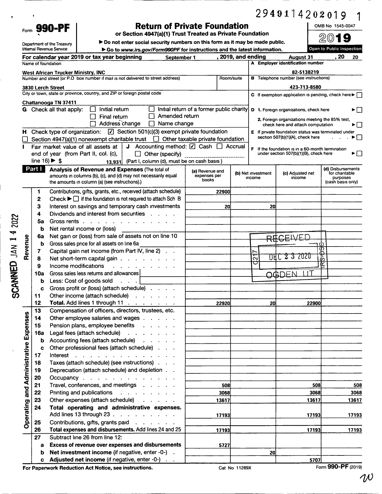 Image of first page of 2019 Form 990PF for West African Trucker Ministry