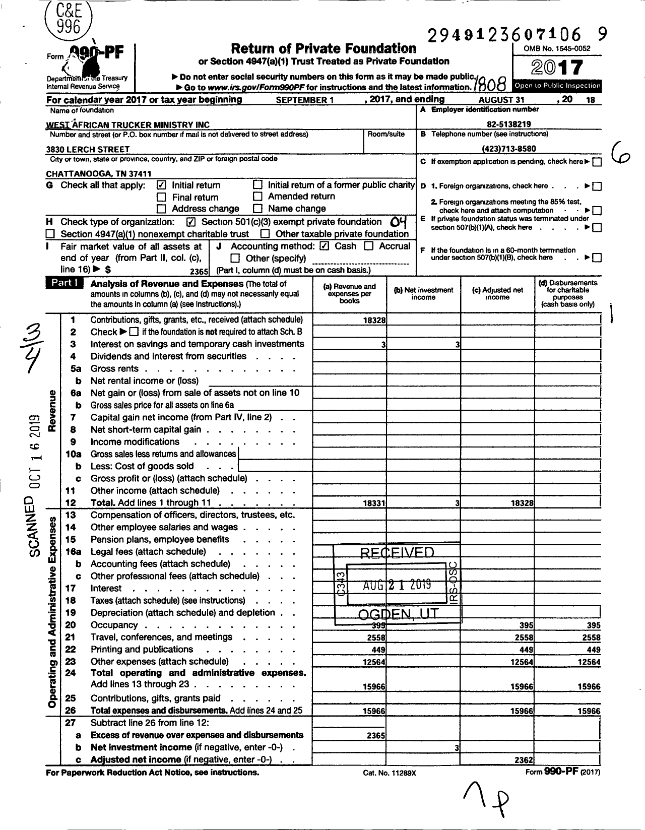 Image of first page of 2017 Form 990PF for West African Trucker Ministry