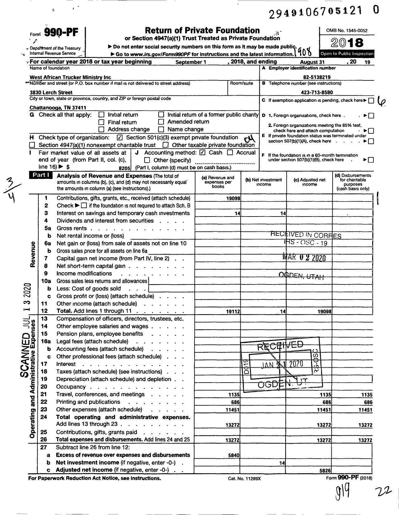 Image of first page of 2018 Form 990PR for West African Trucker Ministry