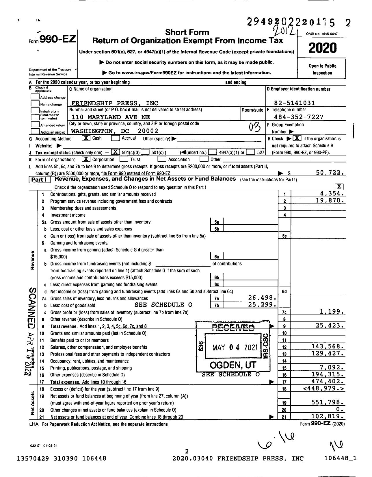 Image of first page of 2020 Form 990EZ for Friendship Press