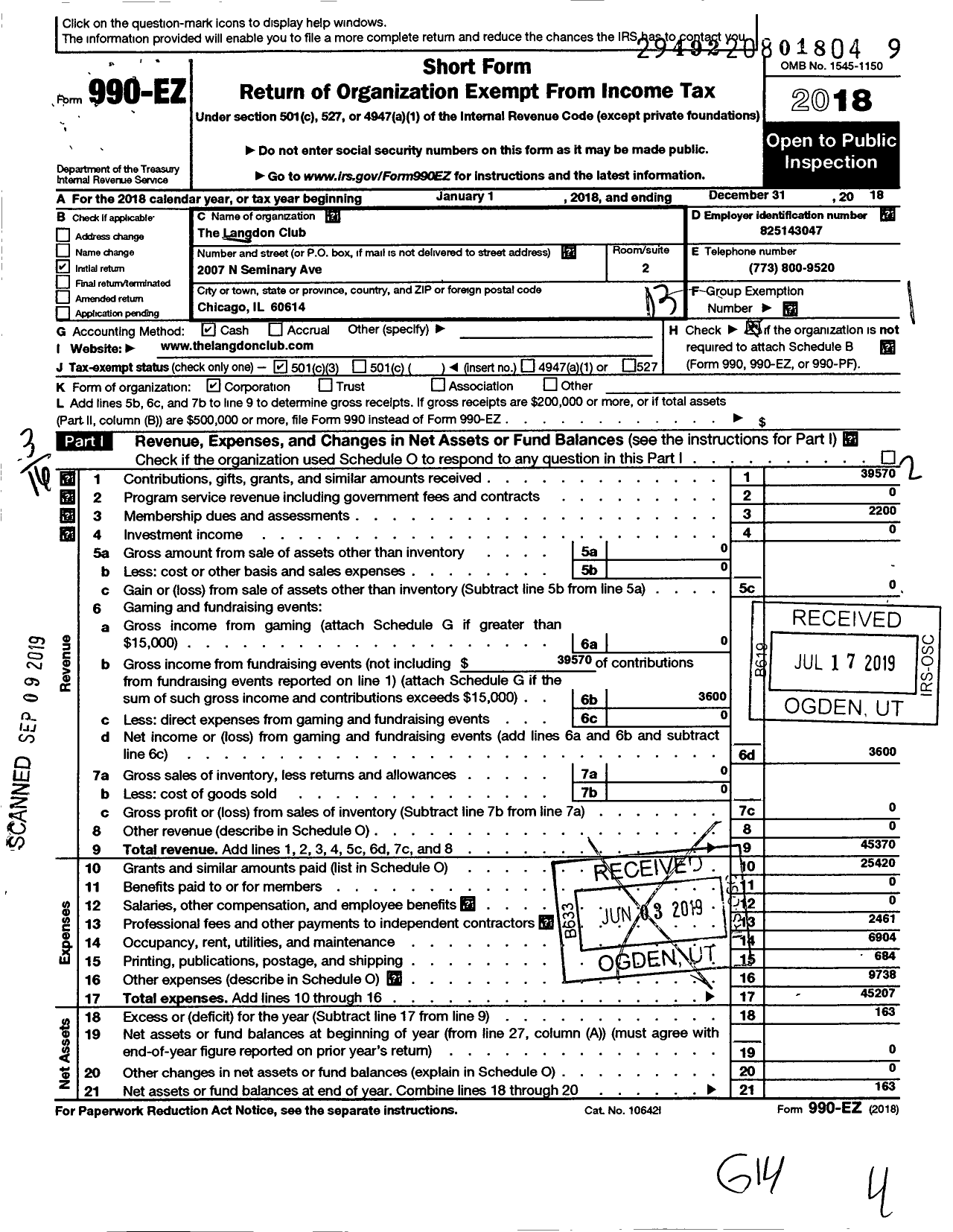 Image of first page of 2018 Form 990EZ for Langdon Club