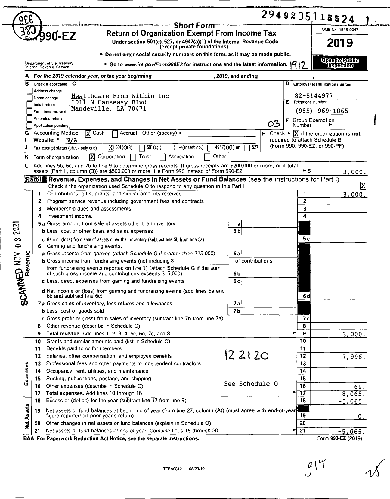 Image of first page of 2019 Form 990EZ for Healthcare From Within