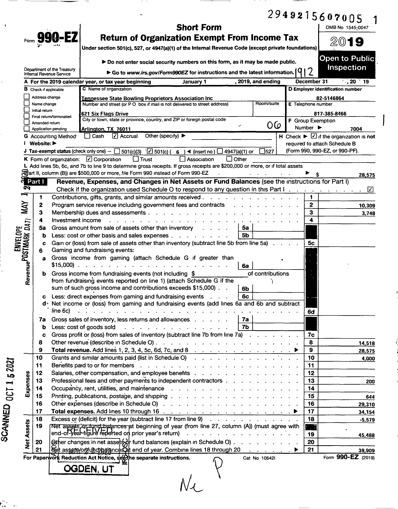 Image of first page of 2019 Form 990EO for Tennessee State Bowling Proprietors Association