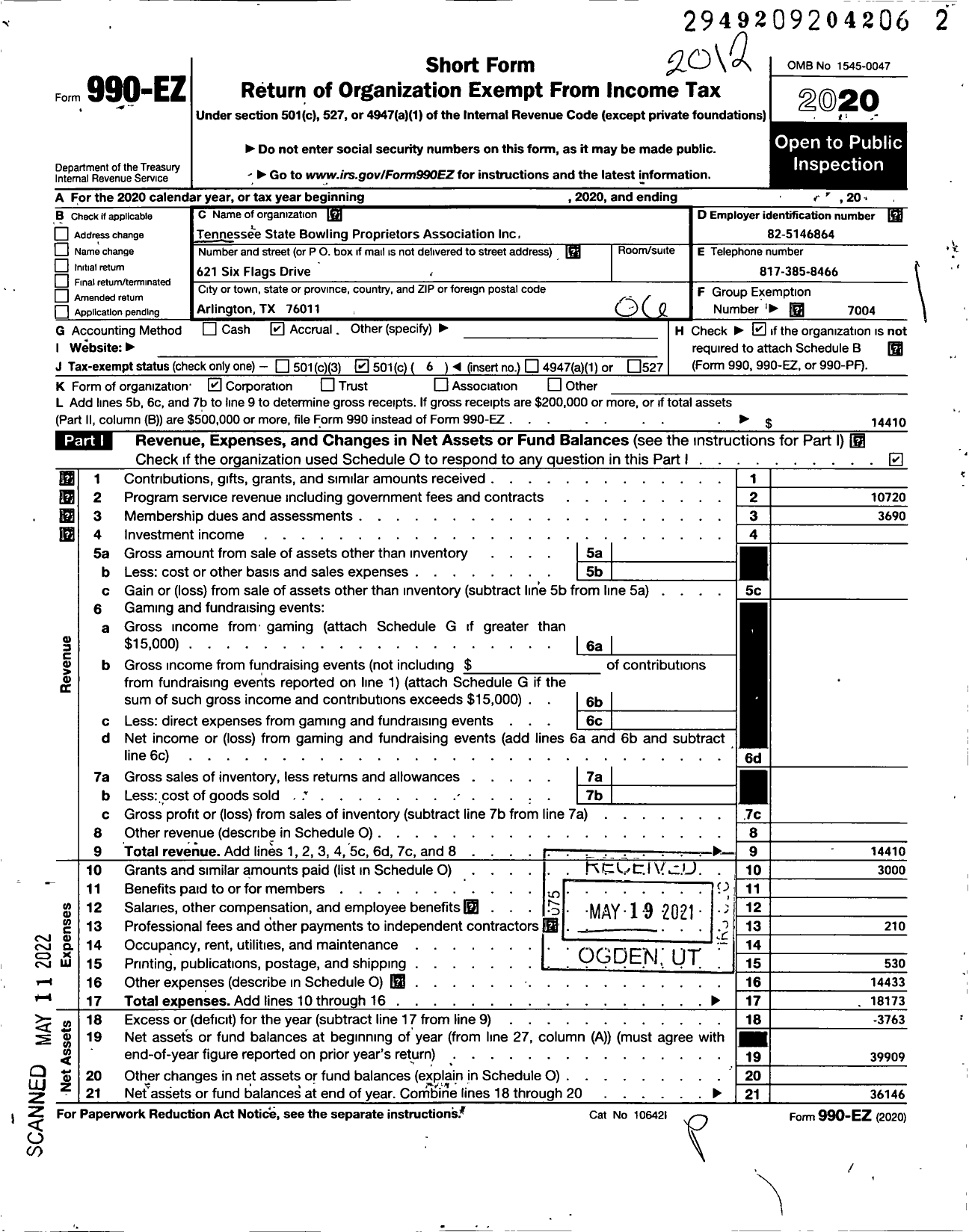 Image of first page of 2020 Form 990EO for Tennessee State Bowling Proprietors Association