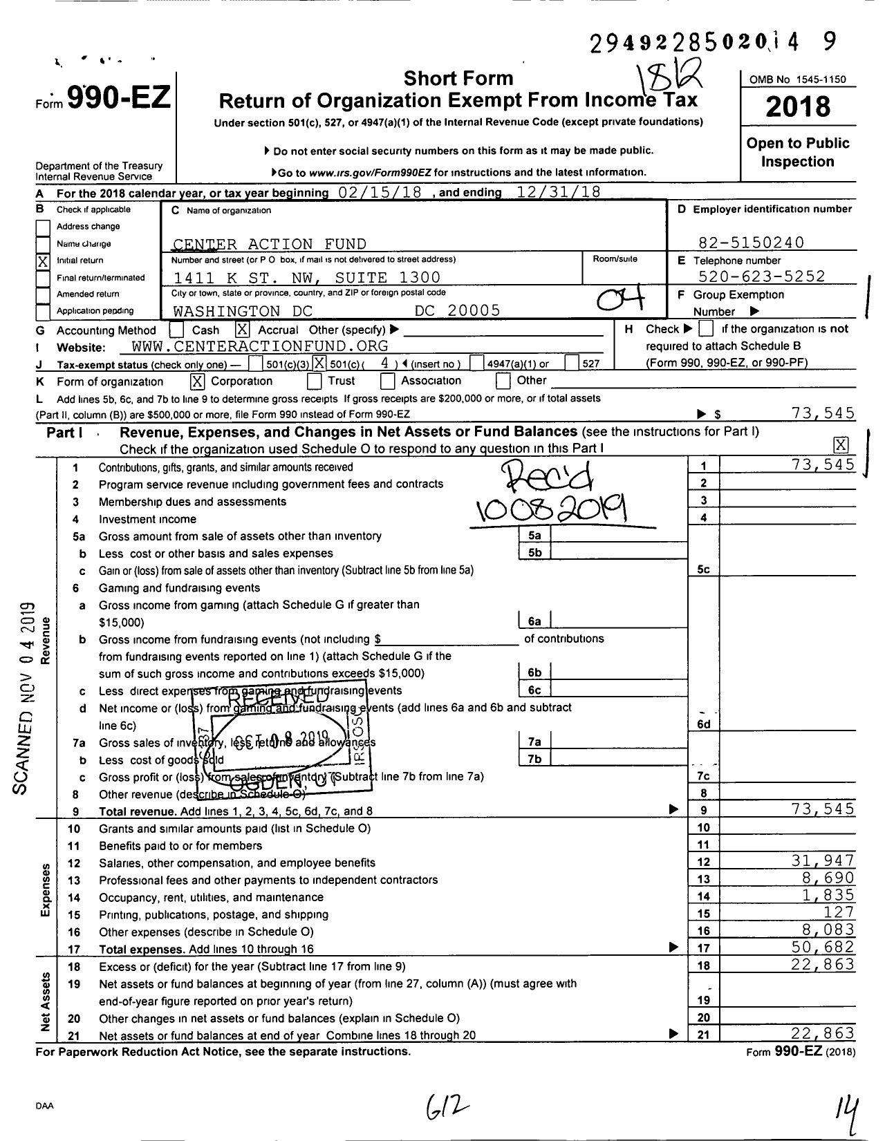 Image of first page of 2018 Form 990EO for Center Action Fund