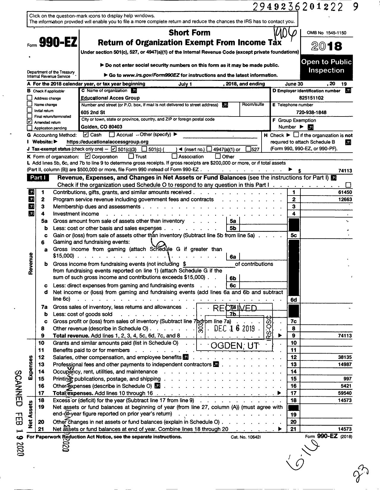 Image of first page of 2018 Form 990EZ for Educational Access Group