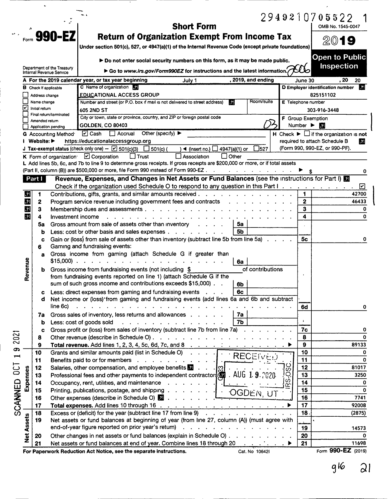 Image of first page of 2019 Form 990EZ for Educational Access Group