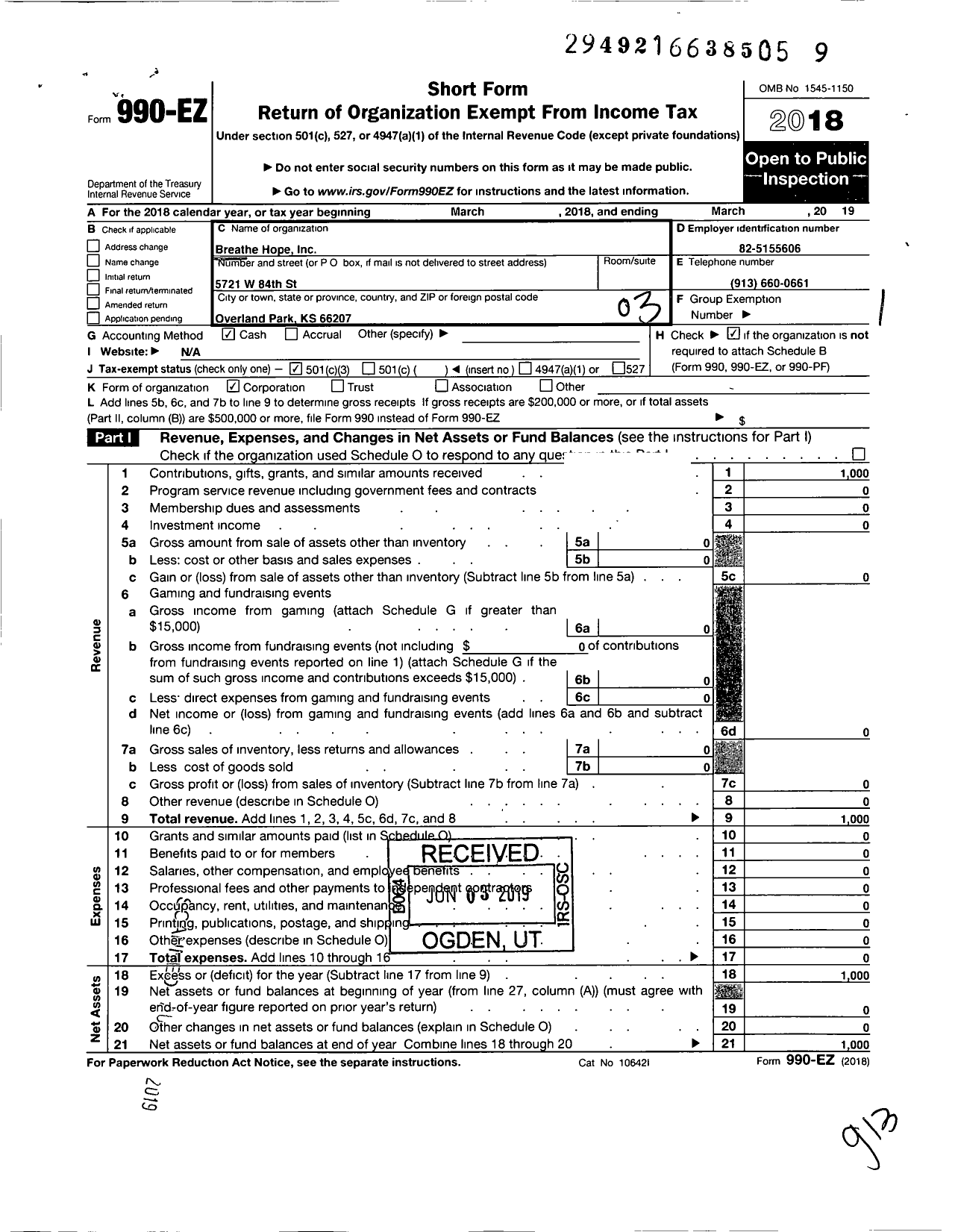 Image of first page of 2018 Form 990EZ for Breathe Hope