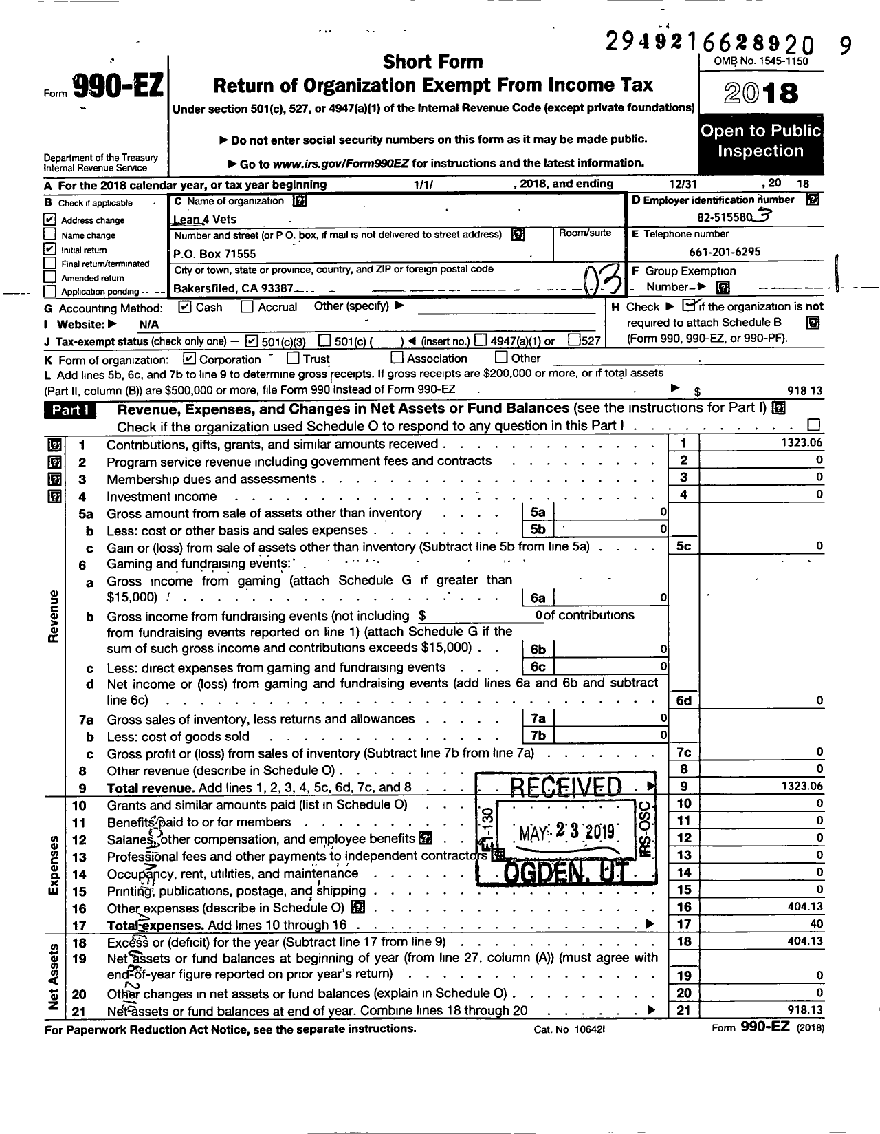 Image of first page of 2018 Form 990EZ for L E A N 4 Vets