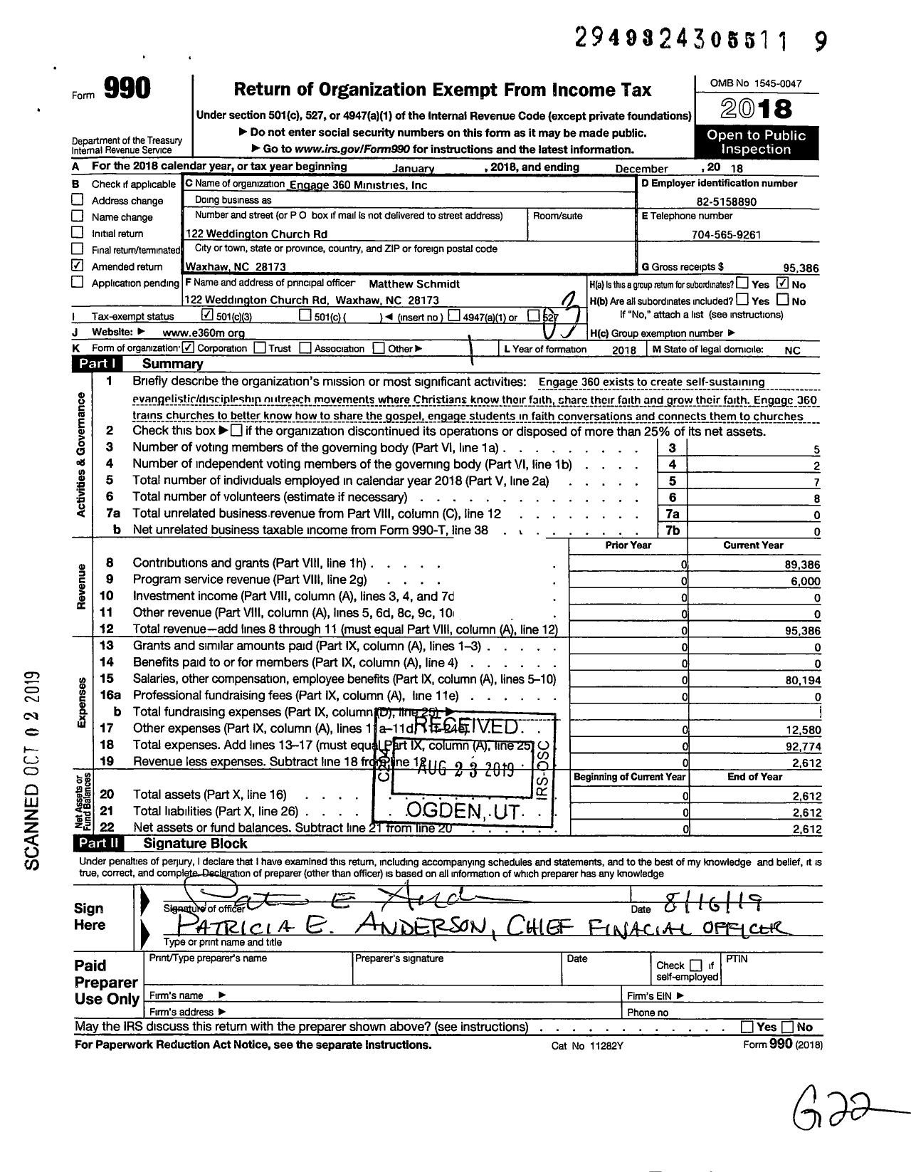 Image of first page of 2018 Form 990 for Engage 360 Ministries