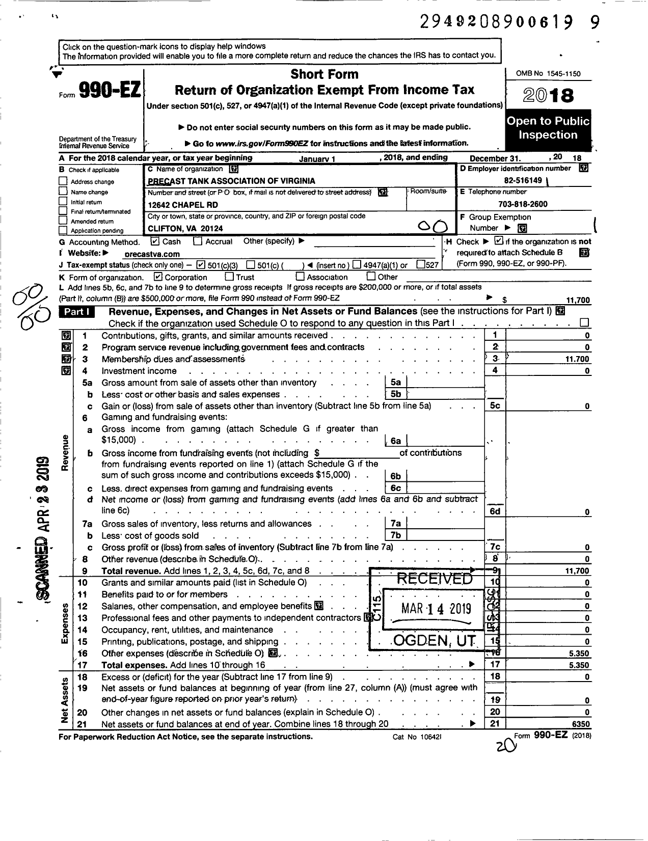 Image of first page of 2018 Form 990EO for Precast Tank Association of Virginia (PTAV)