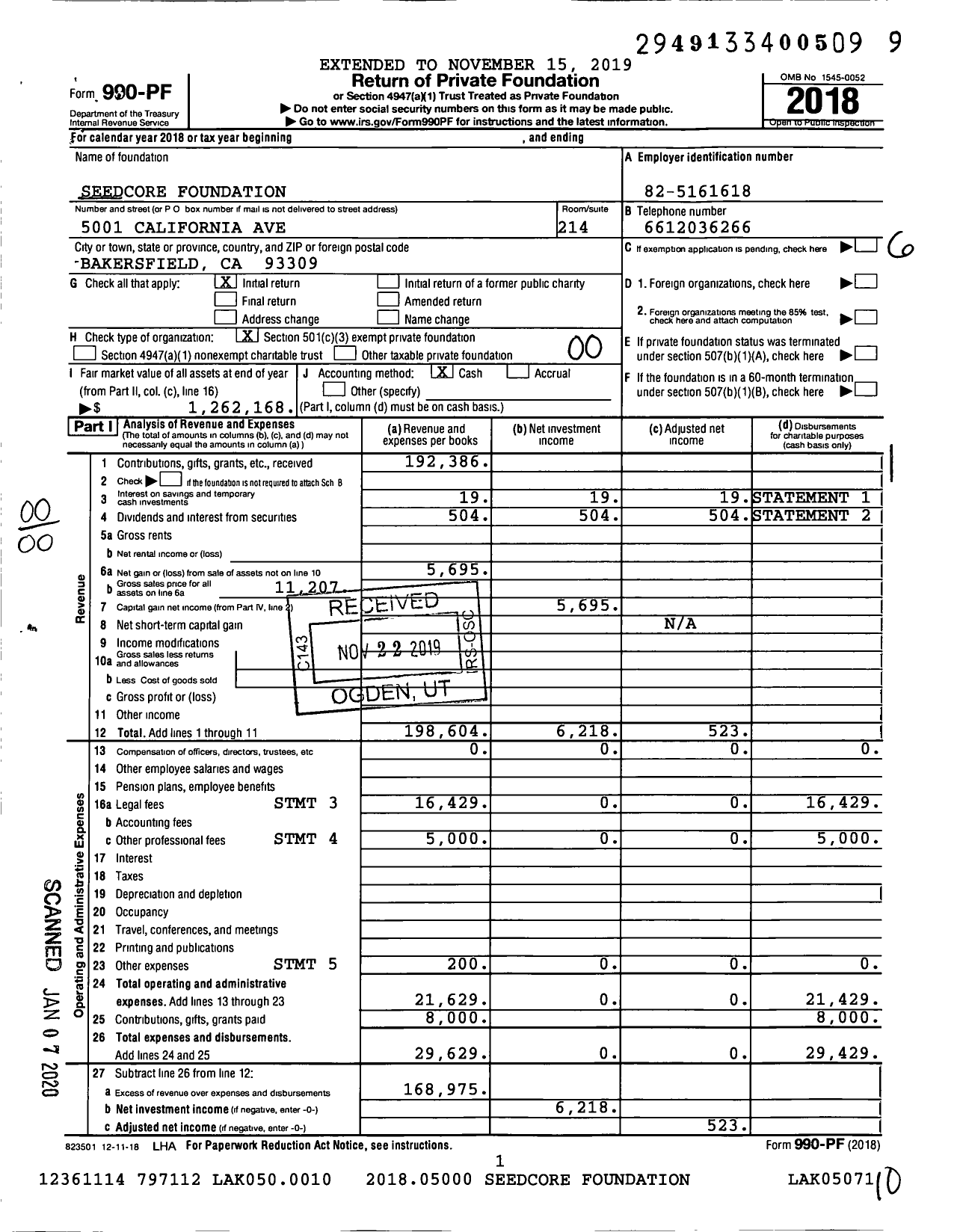 Image of first page of 2018 Form 990PF for Seedcore Foundation