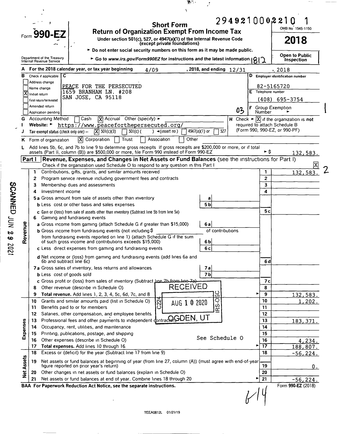 Image of first page of 2018 Form 990EZ for Peace for the Persecuted