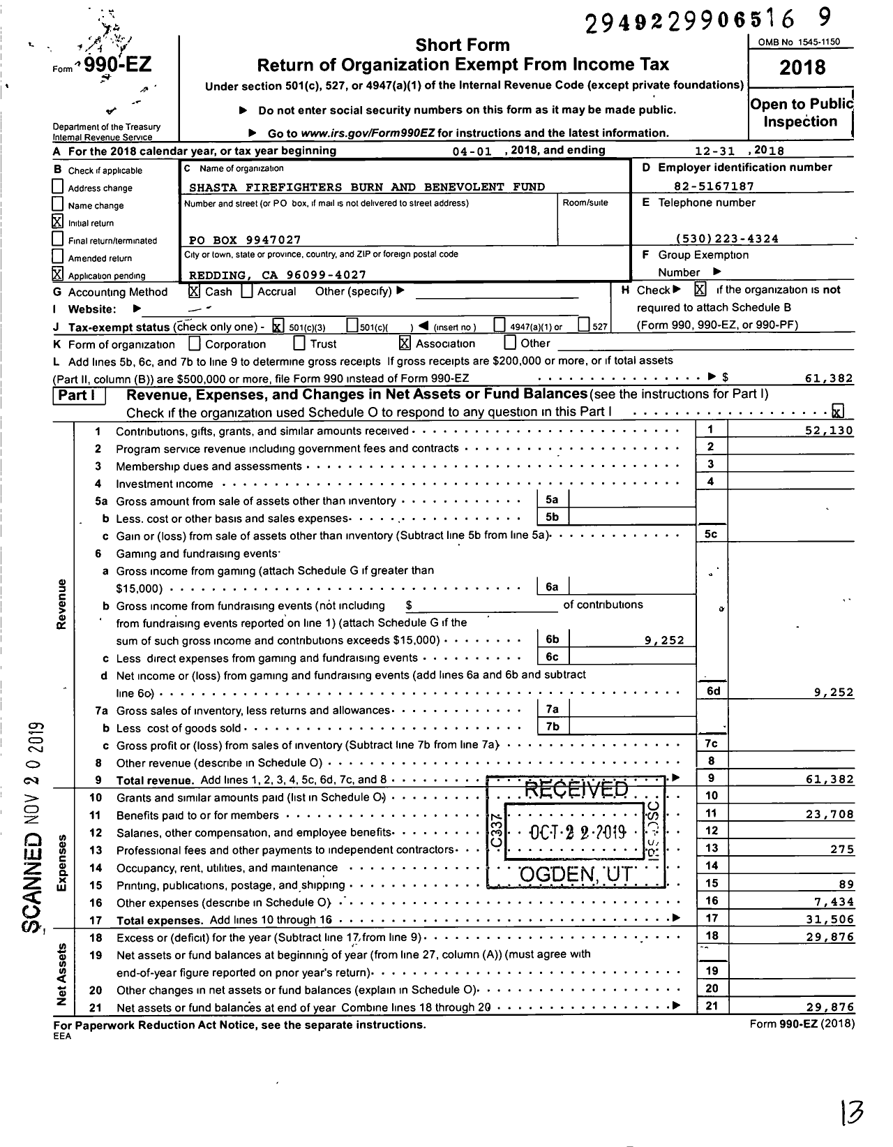 Image of first page of 2018 Form 990EZ for Shasta Firefighters Burn and Benevolent Fund