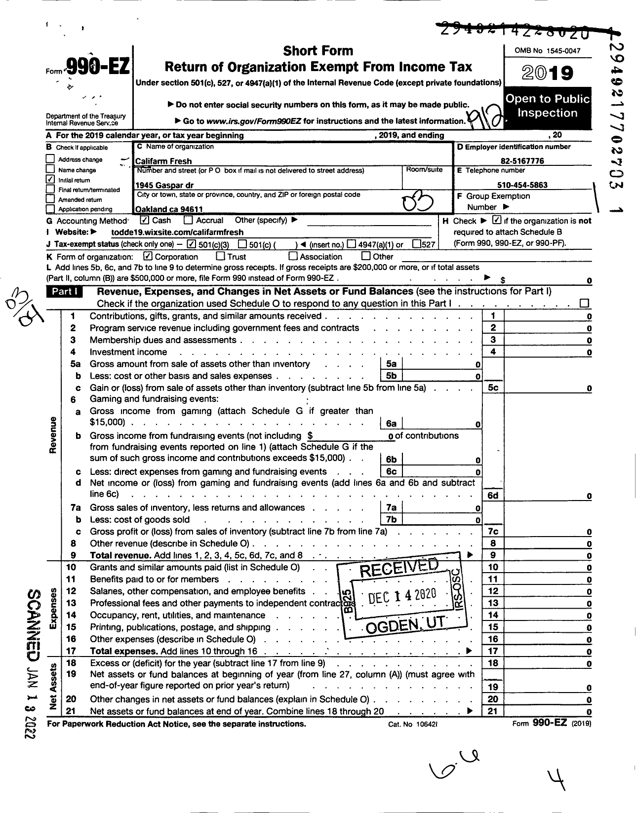 Image of first page of 2019 Form 990EZ for Califarm Fresh