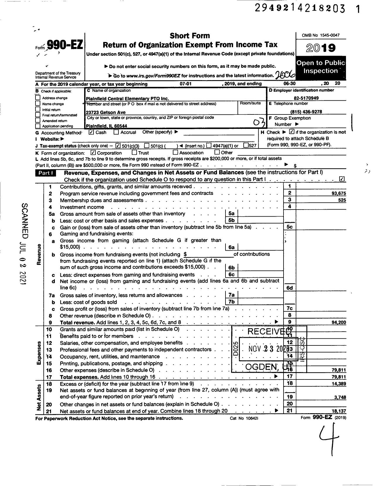 Image of first page of 2019 Form 990EZ for Plainfield Central Elementary Pto