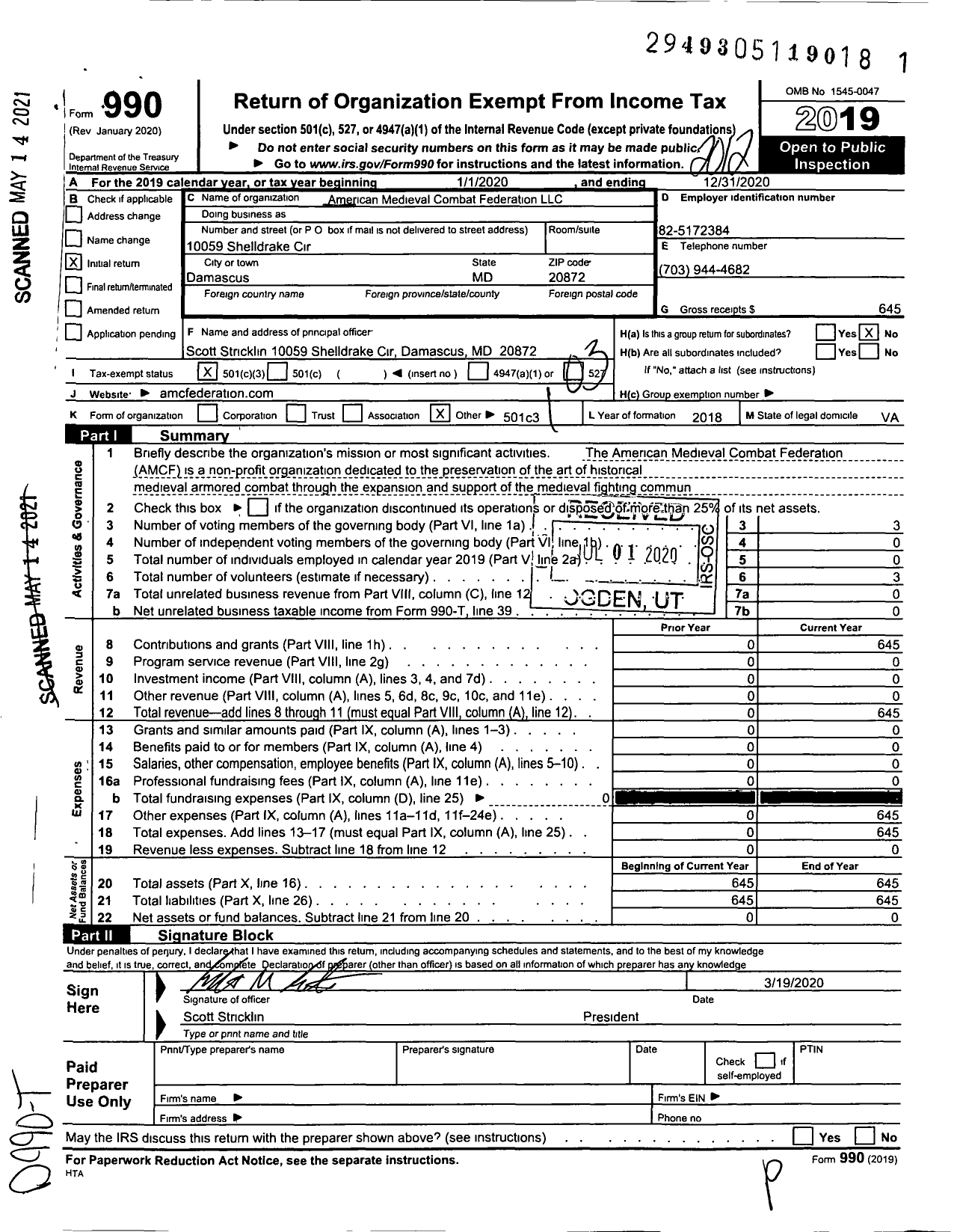 Image of first page of 2020 Form 990 for American Medieval Combat Federation LLC