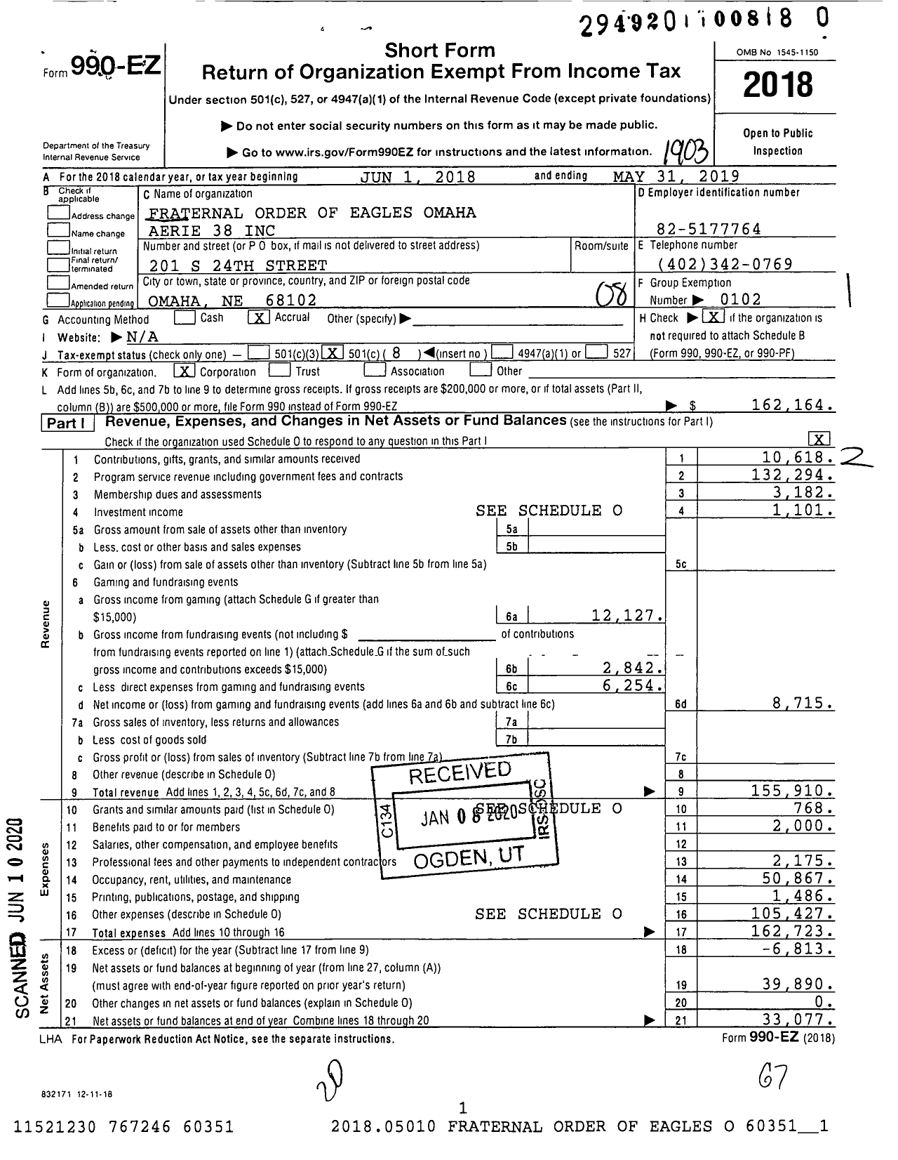 Image of first page of 2018 Form 990EO for Fraternal Order of Eagles - 38 Aerie