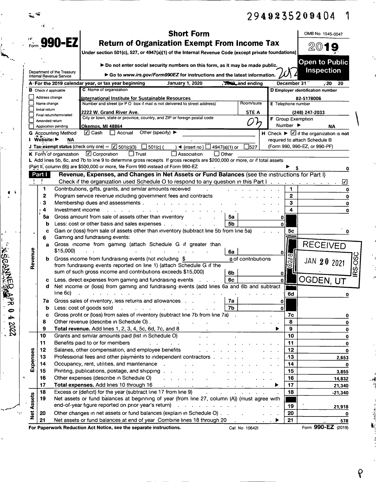 Image of first page of 2020 Form 990EZ for International Institute for Sustainable Resources