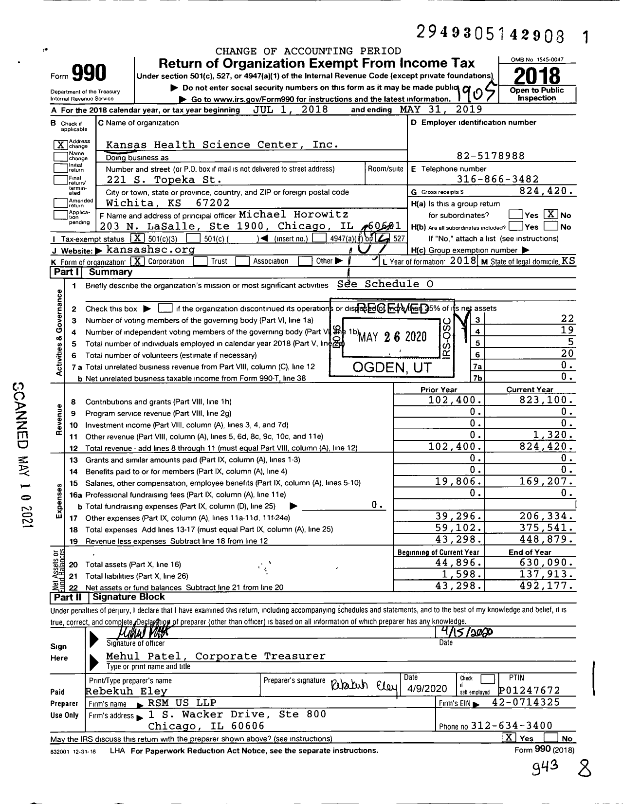 Image of first page of 2018 Form 990 for Kansas Health Science Center