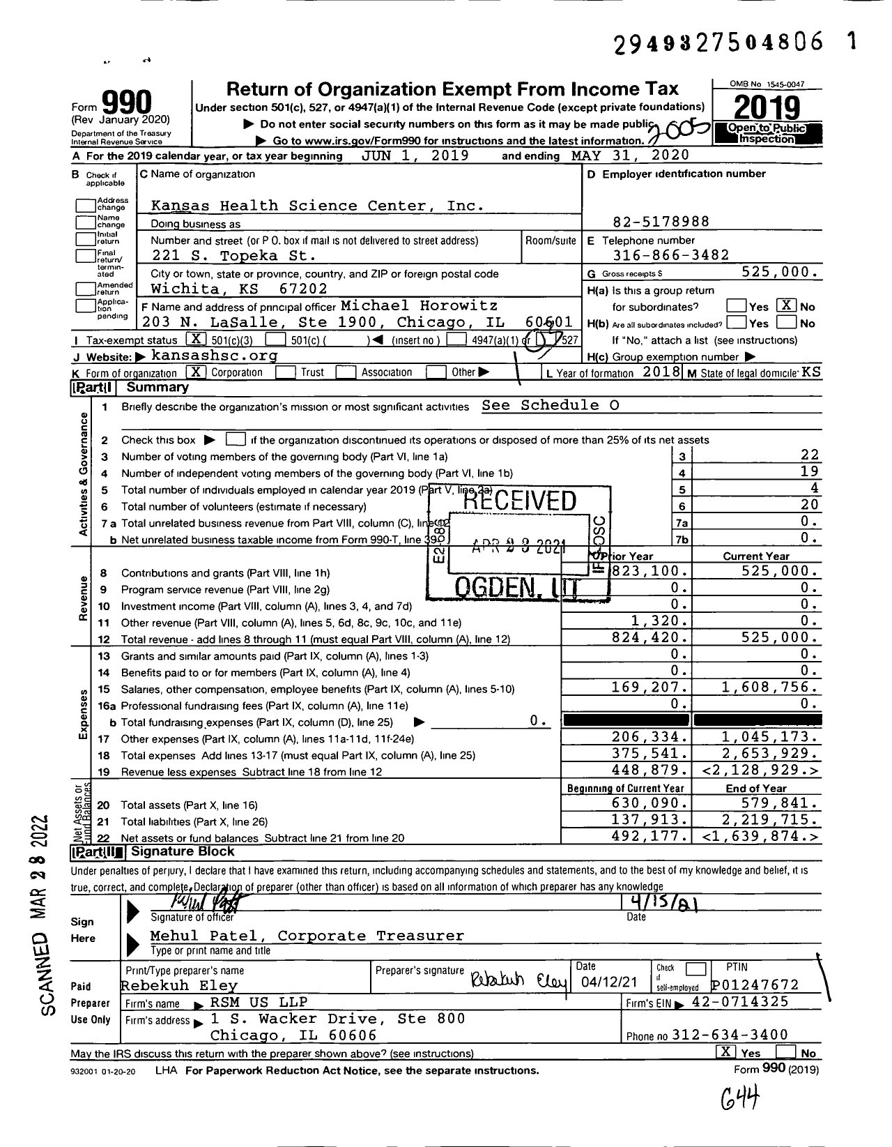 Image of first page of 2019 Form 990 for Kansas Health Science Center