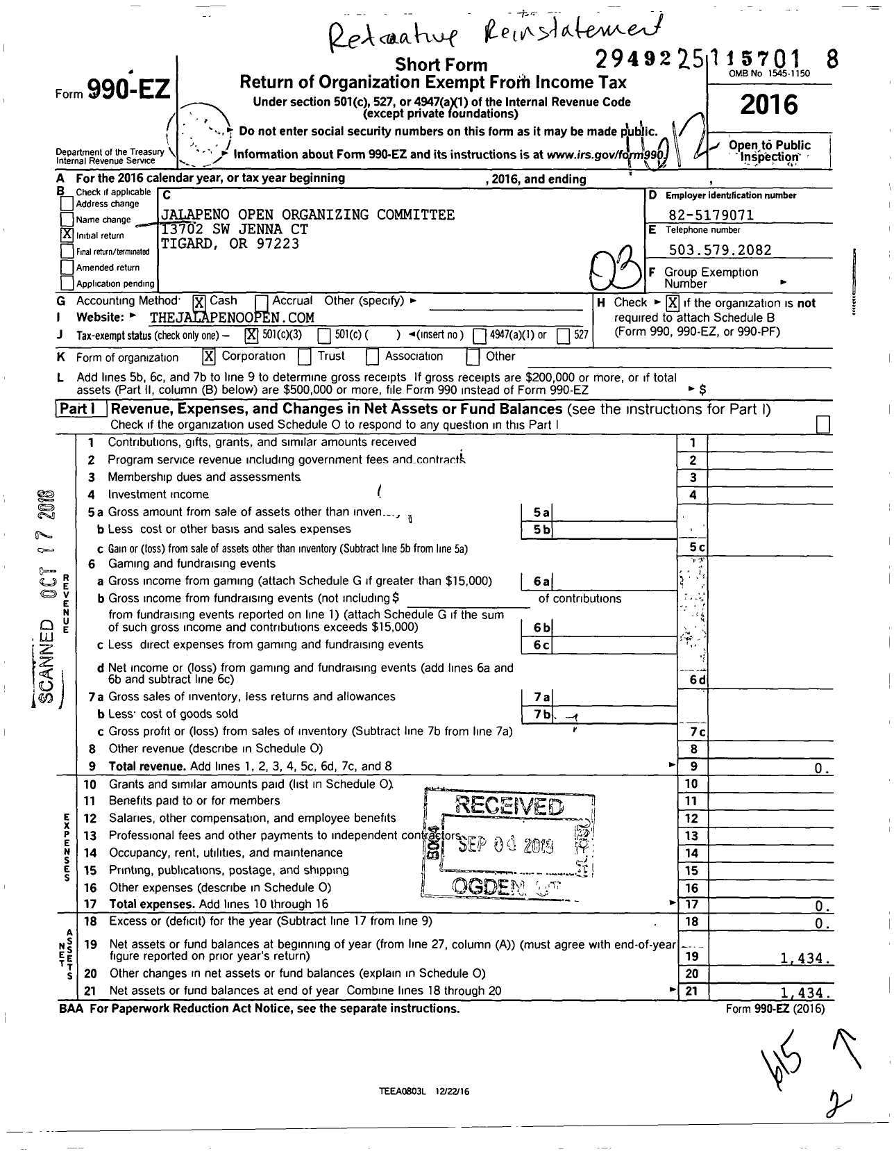 Image of first page of 2016 Form 990EZ for Jalapeno Open Organizing Committee